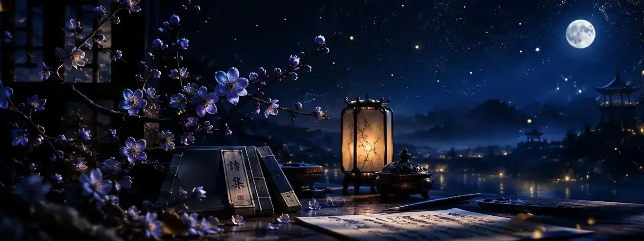 花韵介绍页面头部,夜色中的梅枝、古籍与灯影