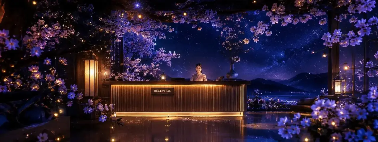 联系我们页面头部,夜色梅枝间的暖光接待台